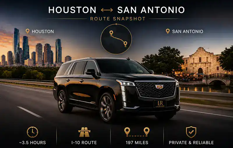 Luxury Cadillac Escalade with Lavish Ride logo license plate positioned between Houston and San Antonio skyline landmarks, illustrating a premium long-distance Texas travel route with minimal wording, upscale chauffeur transportation styling, and executive road travel atmosphere.